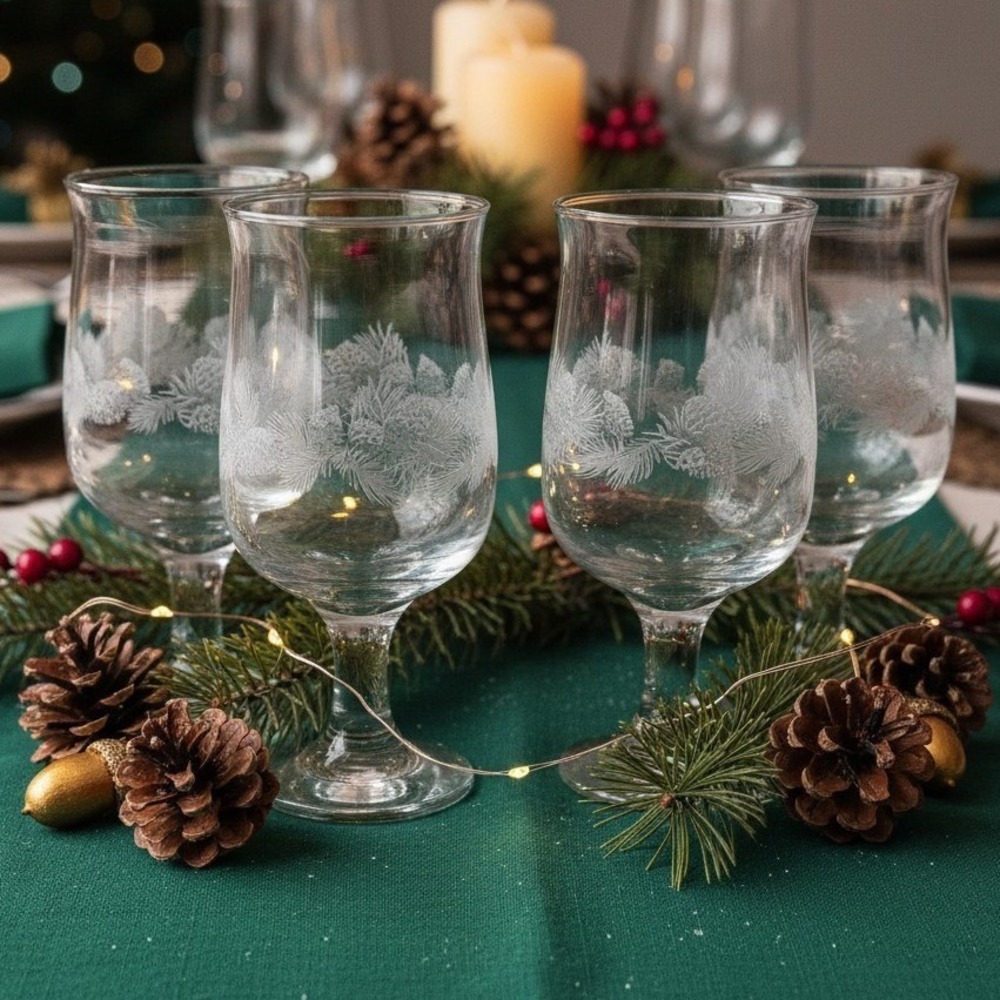 Libbey Etched Pinecones Stemmed Water Goblets, Set of 4, Winter Theme Glasses